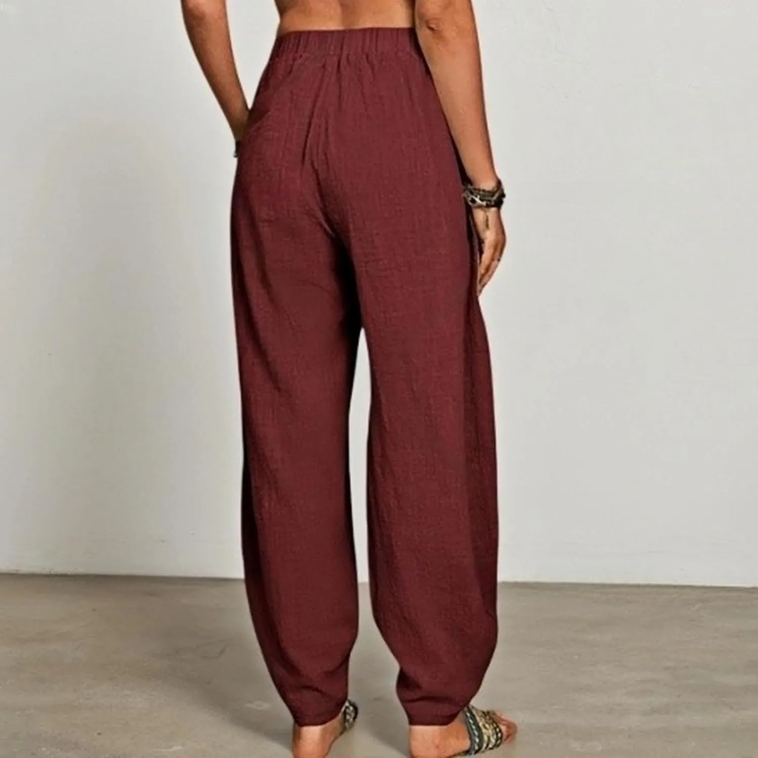 Womens Plus Size Linen Pants 2025 Casual Loose High Waisted Pants Beach Pants Summer Lounge Comfy Trousers with Pockets
