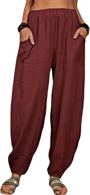 Womens Plus Size Linen Pants 2025 Casual Loose High Waisted Pants Beach Pants Summer Lounge Comfy Trousers with Pockets
