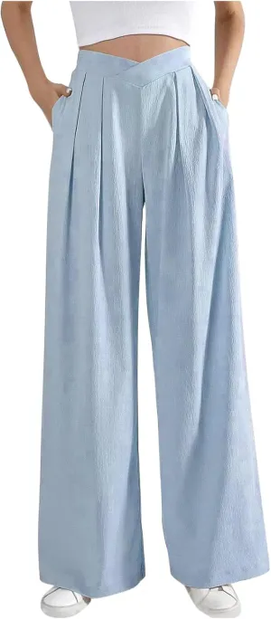 Womens Plus Size Wide Leg Pants Crossover Waist Pleated Front Work Business Casual Pant Lounge Slacks Trouser Pockets