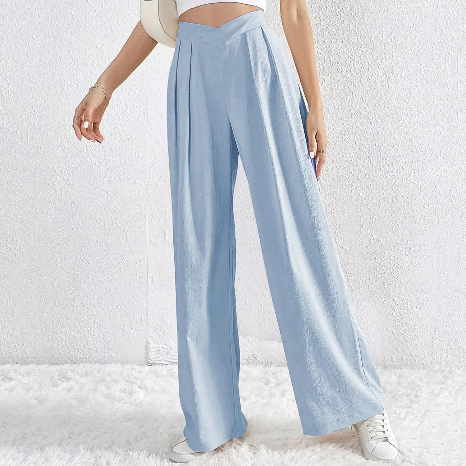 Womens Plus Size Wide Leg Pants Crossover Waist Pleated Front Work Business Casual Pant Lounge Slacks Trouser Pockets