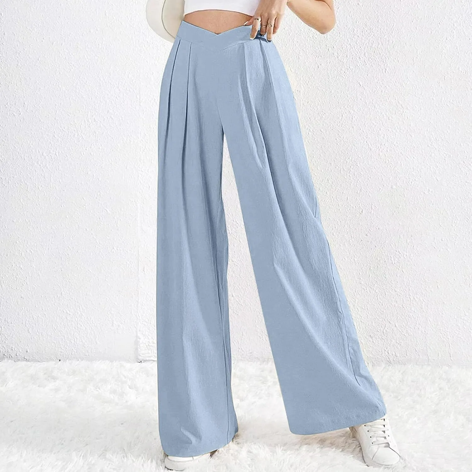 Womens Plus Size Wide Leg Pants Crossover Waist Pleated Front Work Business Casual Pant Lounge Slacks Trouser Pockets