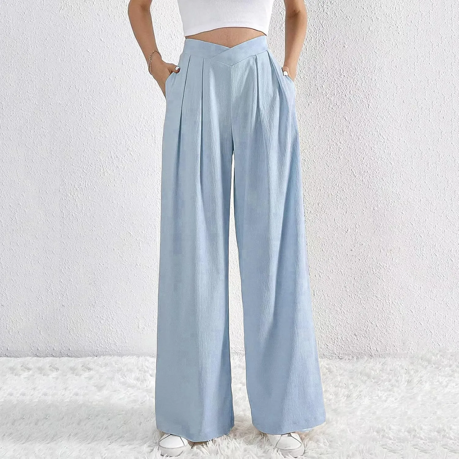 Womens Plus Size Wide Leg Pants Crossover Waist Pleated Front Work Business Casual Pant Lounge Slacks Trouser Pockets