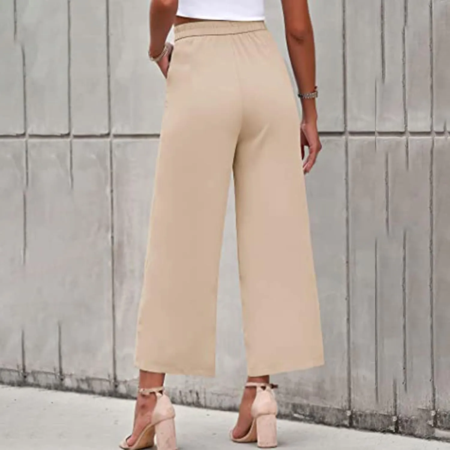 Women's Solid Casual Pocket Button High Waist Wide Leg Pants Casual Pants with Pockets