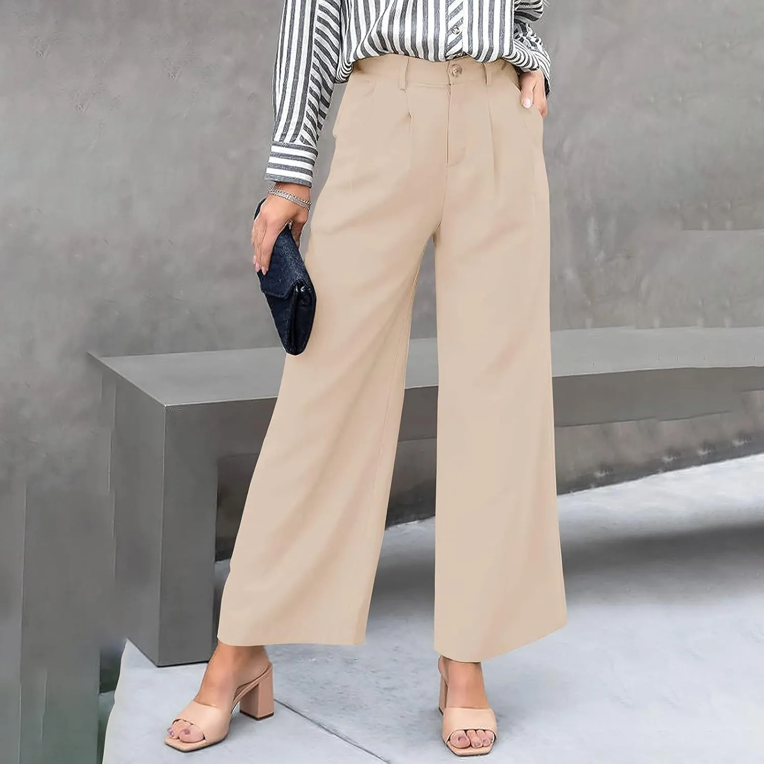 Women's Solid Casual Pocket Button High Waist Wide Leg Pants Casual Pants with Pockets