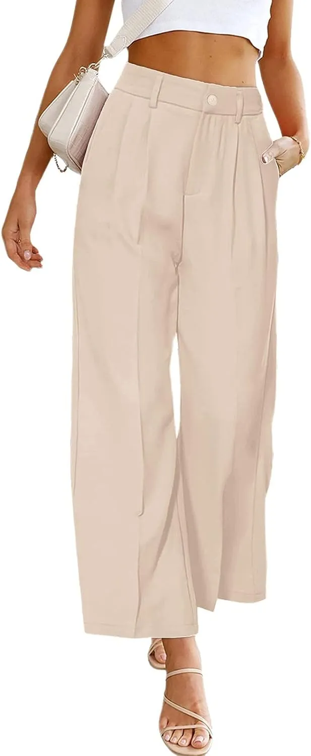Women's Solid Casual Pocket Button High Waist Wide Leg Pants Casual Pants with Pockets