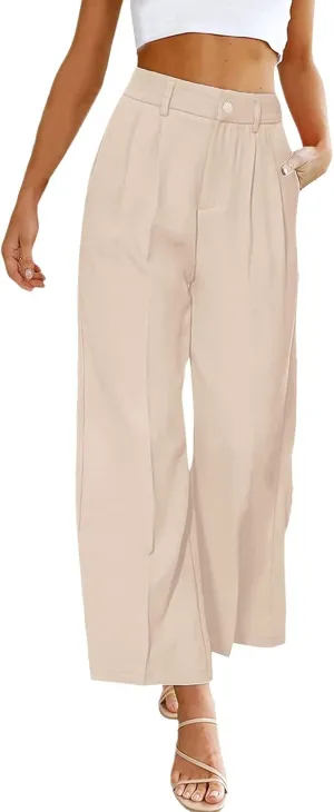 Women's Solid Casual Pocket Button High Waist Wide Leg Pants Casual Pants with Pockets