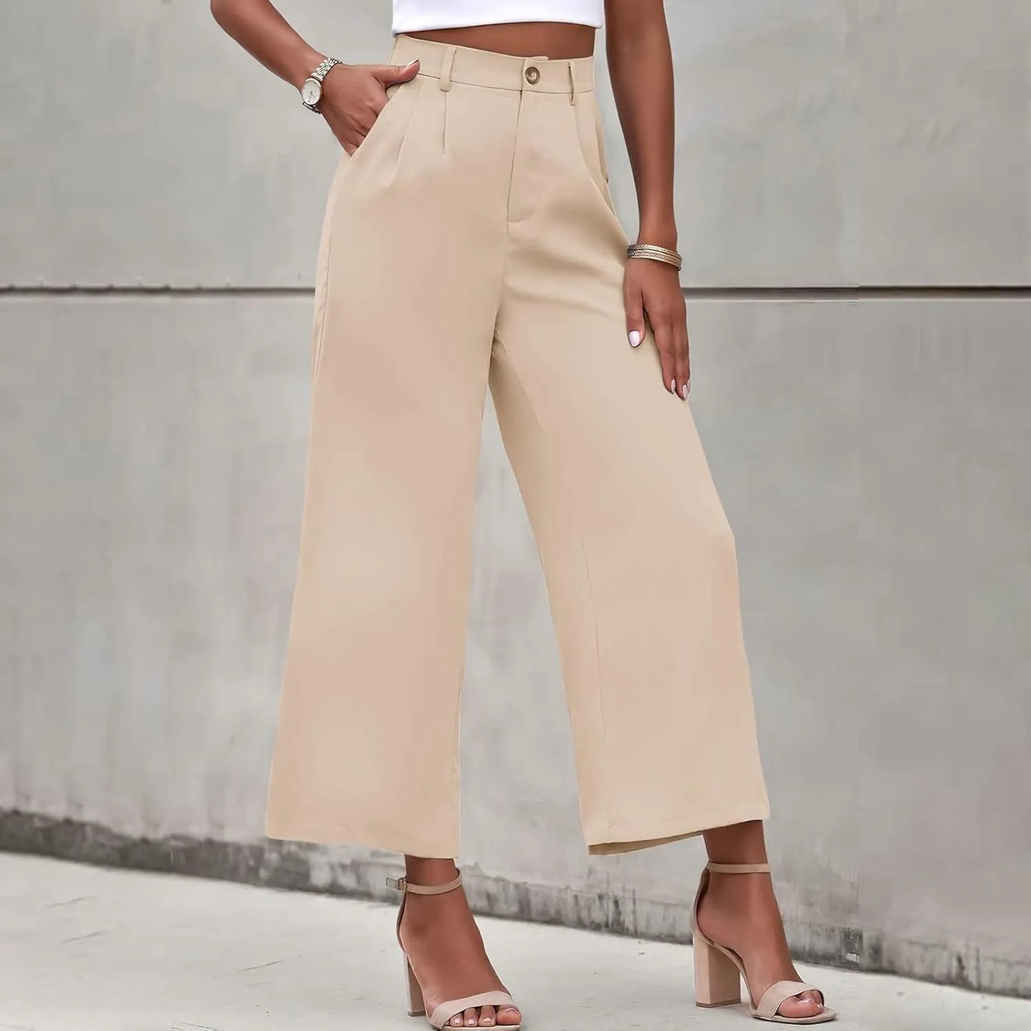 Women's Solid Casual Pocket Button High Waist Wide Leg Pants Casual Pants with Pockets