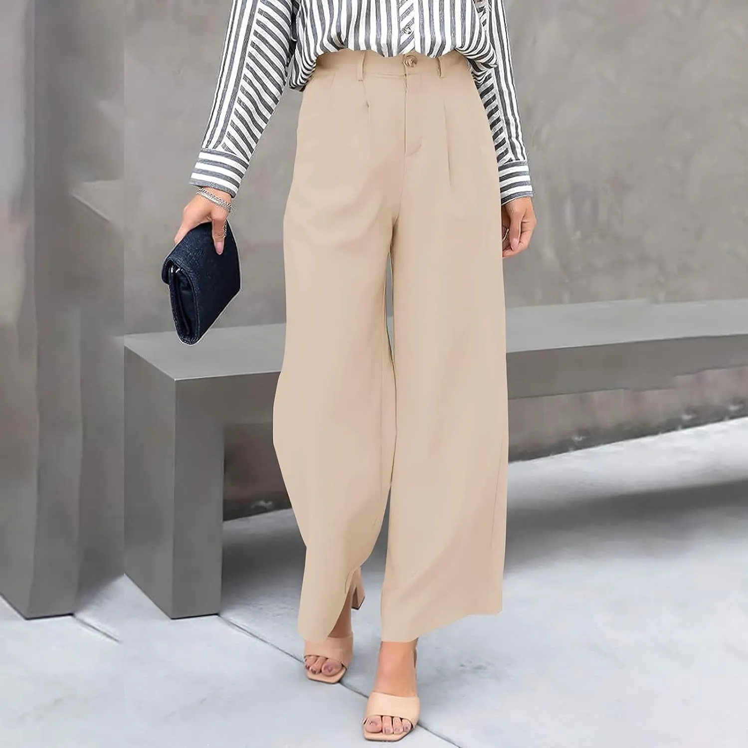 Women's Solid Casual Pocket Button High Waist Wide Leg Pants Casual Pants with Pockets