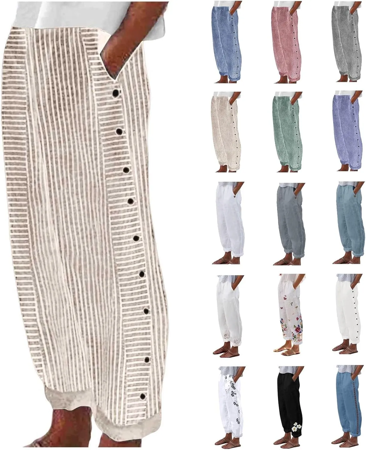 Womens Striped Pants Side Button Elastic Waist Straight Wide Leg Linen Pants Summer Lightweight Baggy Casual Trousers