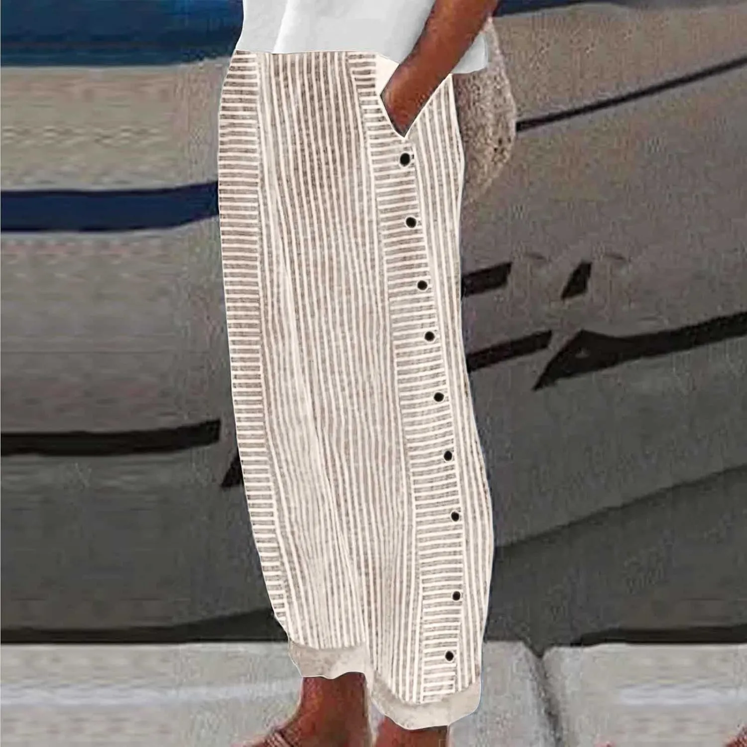 Womens Striped Pants Side Button Elastic Waist Straight Wide Leg Linen Pants Summer Lightweight Baggy Casual Trousers