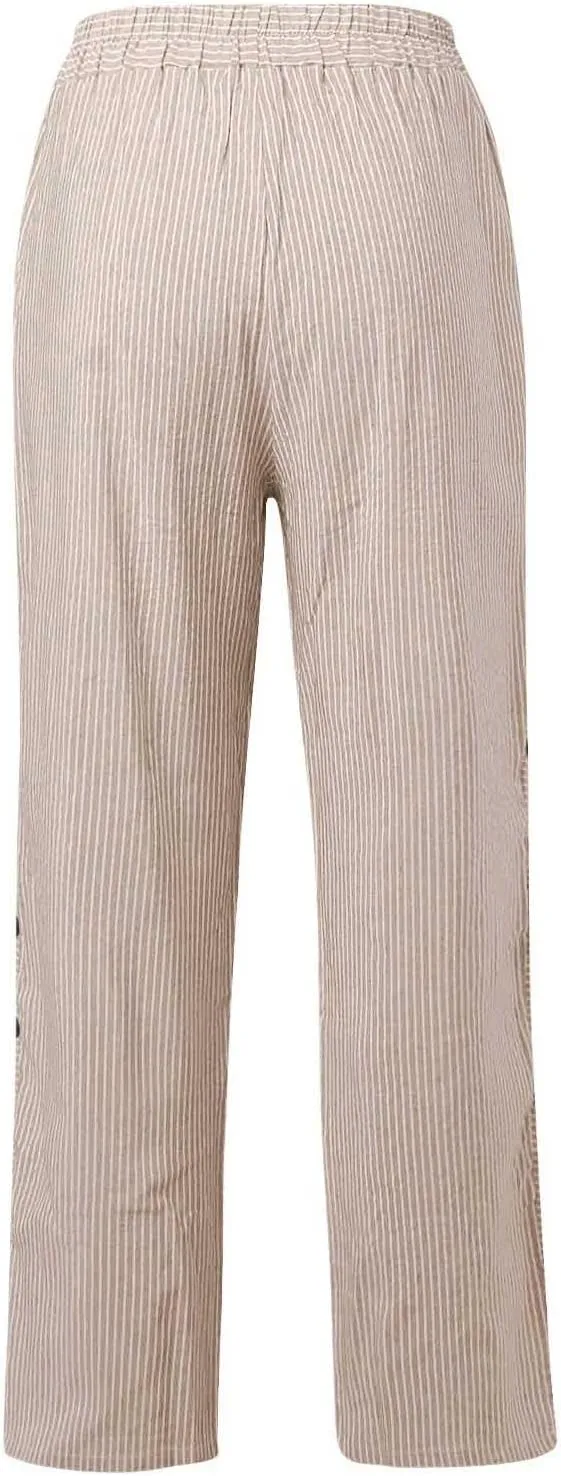 Womens Striped Pants Side Button Elastic Waist Straight Wide Leg Linen Pants Summer Lightweight Baggy Casual Trousers