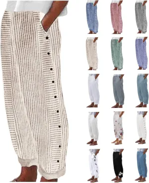 Womens Striped Pants Side Button Elastic Waist Straight Wide Leg Linen Pants Summer Lightweight Baggy Casual Trousers