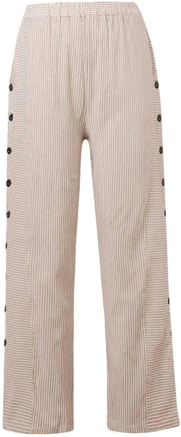 Womens Striped Pants Side Button Elastic Waist Straight Wide Leg Linen Pants Summer Lightweight Baggy Casual Trousers