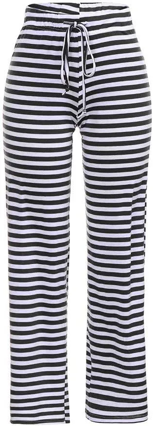 Womens Striped Wide Leg Pants Elastic High Waist Drawstring Trousers Loose Fitness Dancing Yoga Pants