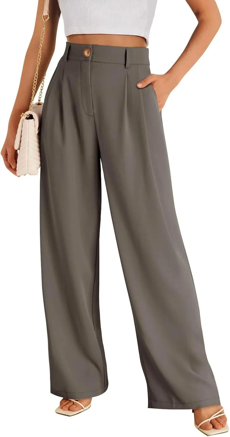 Womens Suit Pants Business High Waist Wide Leg Pant Stretch Button Work Straight Leg Trousers Casual with Pockets