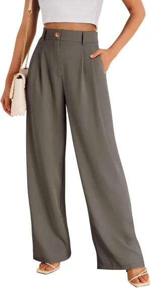 Womens Suit Pants Business High Waist Wide Leg Pant Stretch Button Work Straight Leg Trousers Casual with Pockets