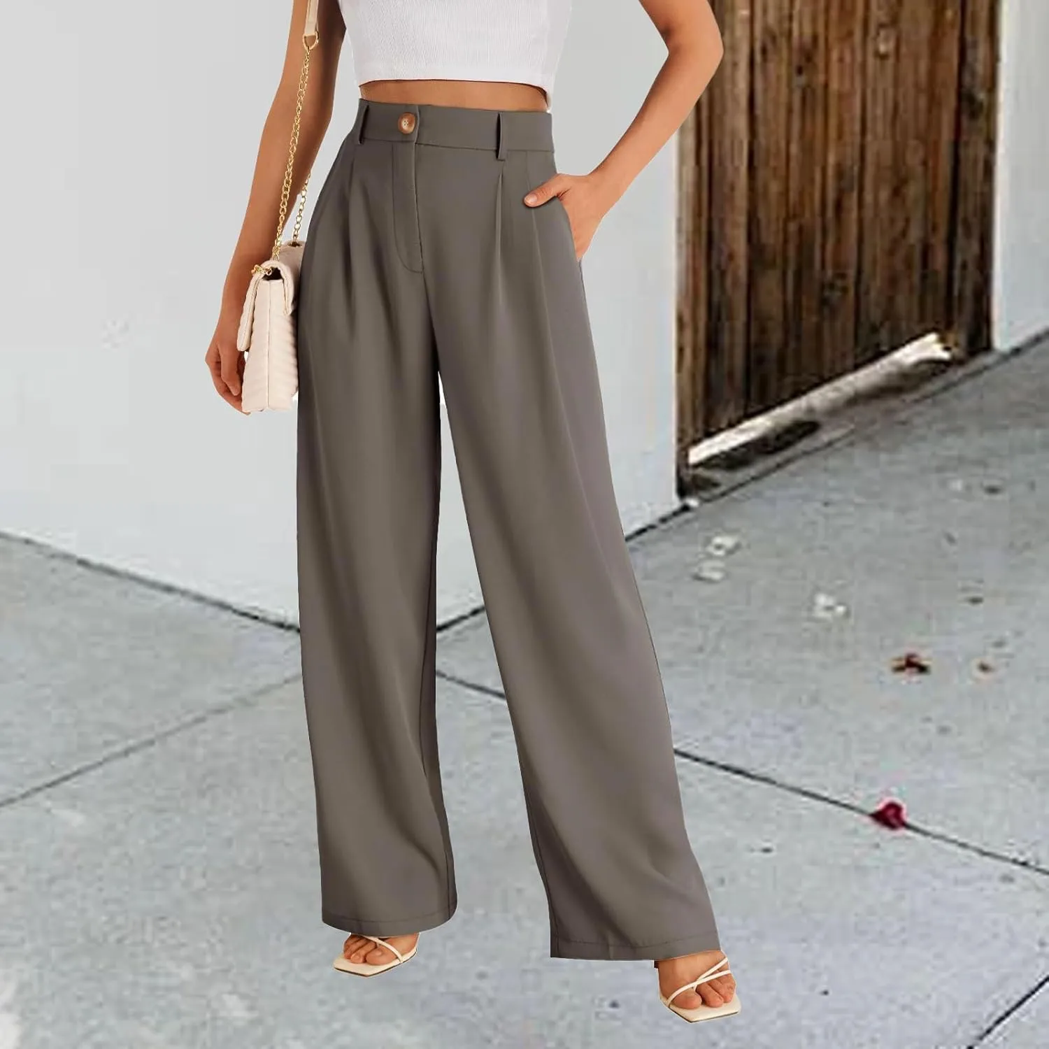 Womens Suit Pants Business High Waist Wide Leg Pant Stretch Button Work Straight Leg Trousers Casual with Pockets