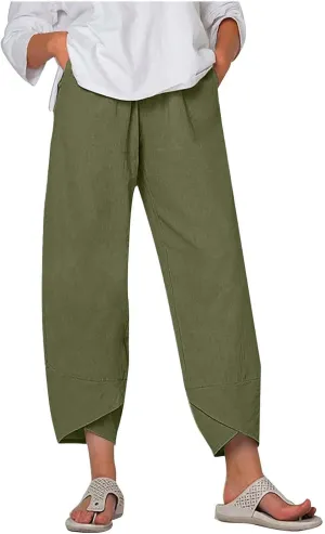 Women's Summer Cotton Linen Capri Pants Casual High Waist Cropped Trouser Tapered Leg Sweatpants Loose Workout Pants