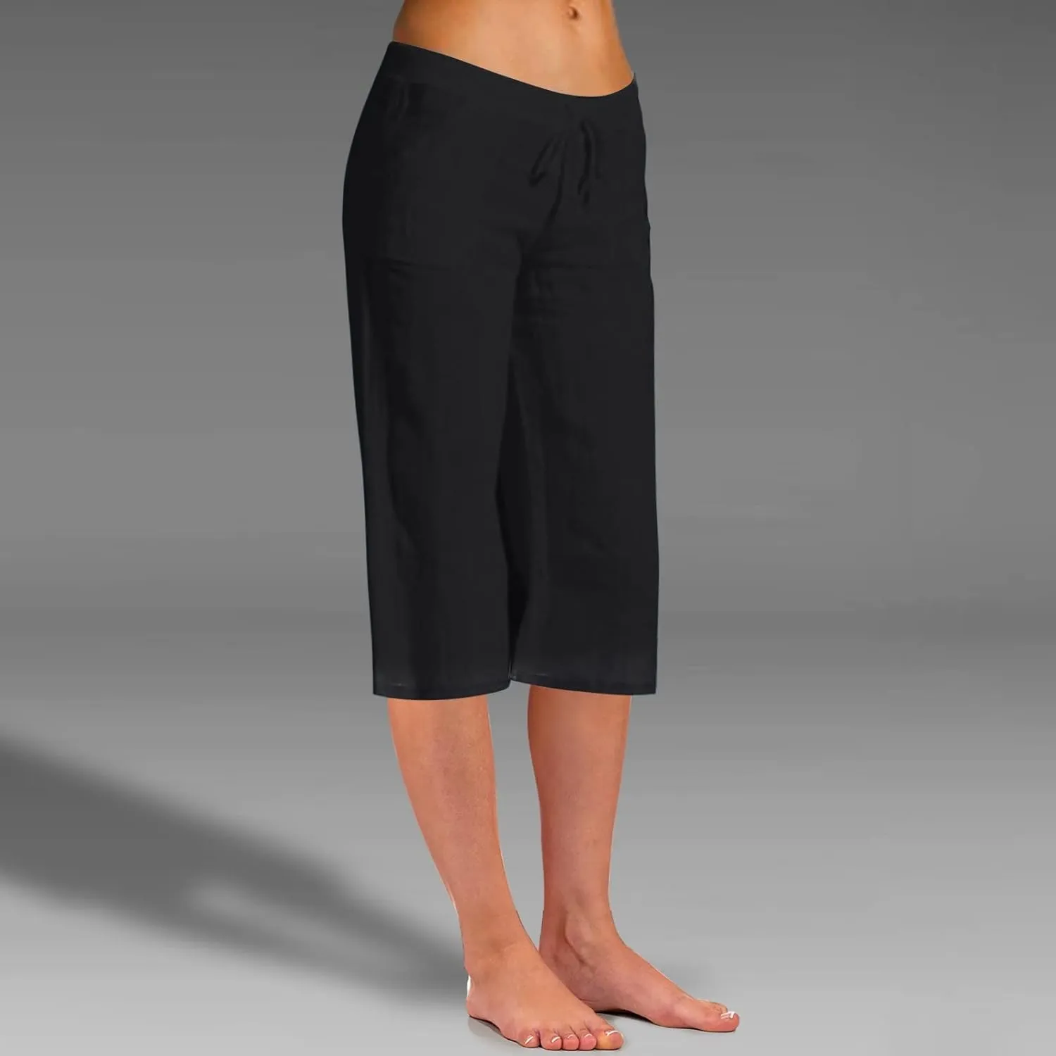 Women's Summer Cotton Linen Capri Pants Lightweight Casaul Loose Drawstring Wide Leg Beach Trousers with Pockets