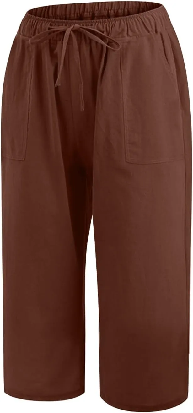 Women's Summer Cotton Linen Capri Pants Lightweight Casaul Loose Drawstring Wide Leg Beach Trousers with Pockets