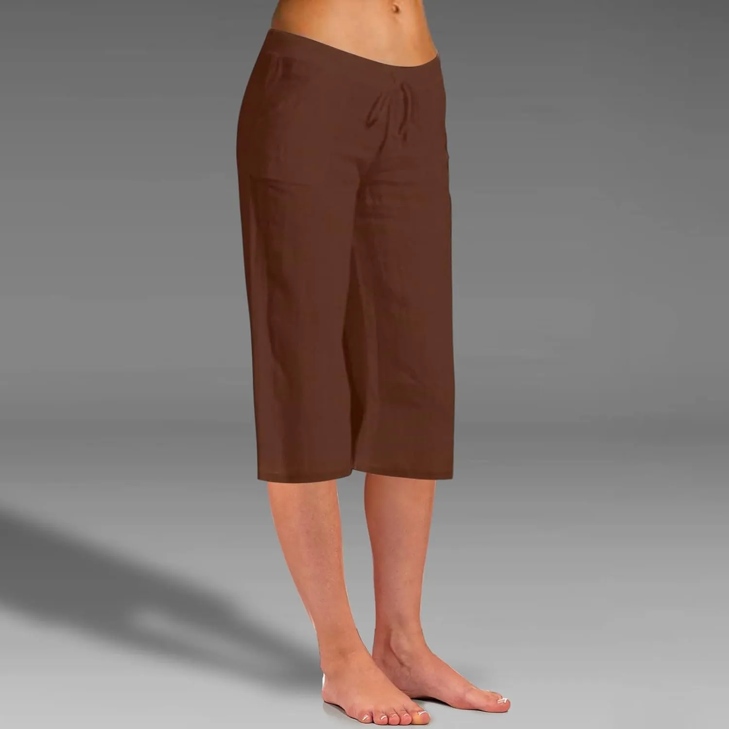 Women's Summer Cotton Linen Capri Pants Lightweight Casaul Loose Drawstring Wide Leg Beach Trousers with Pockets