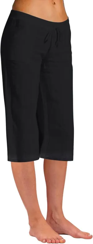 Women's Summer Cotton Linen Capri Pants Lightweight Casaul Loose Drawstring Wide Leg Beach Trousers with Pockets