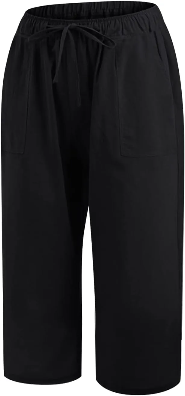 Women's Summer Cotton Linen Capri Pants Lightweight Casaul Loose Drawstring Wide Leg Beach Trousers with Pockets