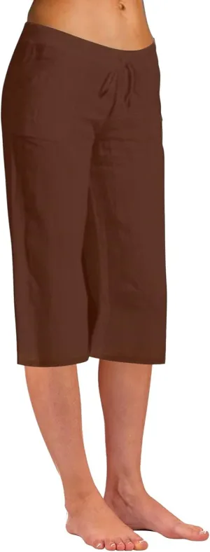 Women's Summer Cotton Linen Capri Pants Lightweight Casaul Loose Drawstring Wide Leg Beach Trousers with Pockets