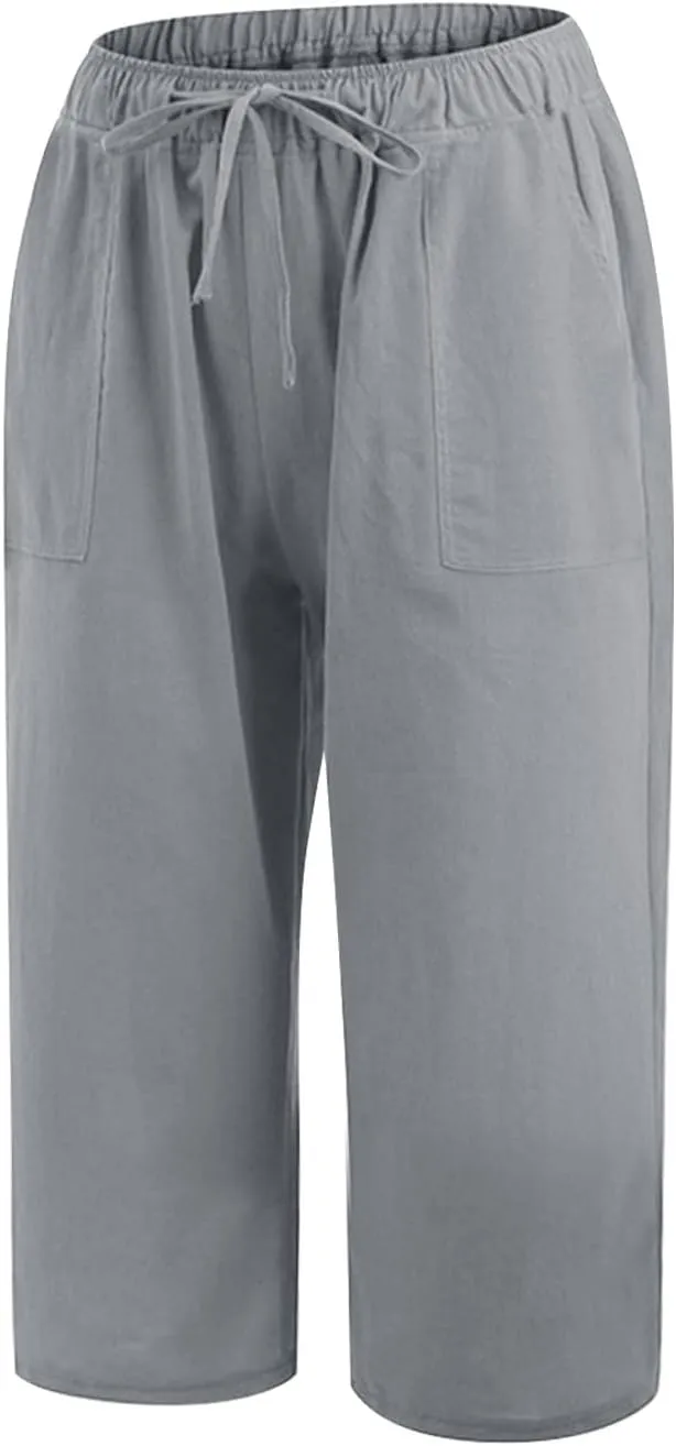 Women's Summer Cotton Linen Capri Pants Lightweight Casaul Loose Drawstring Wide Leg Beach Trousers with Pockets