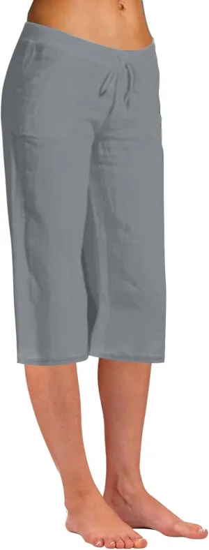Women's Summer Cotton Linen Capri Pants Lightweight Casaul Loose Drawstring Wide Leg Beach Trousers with Pockets