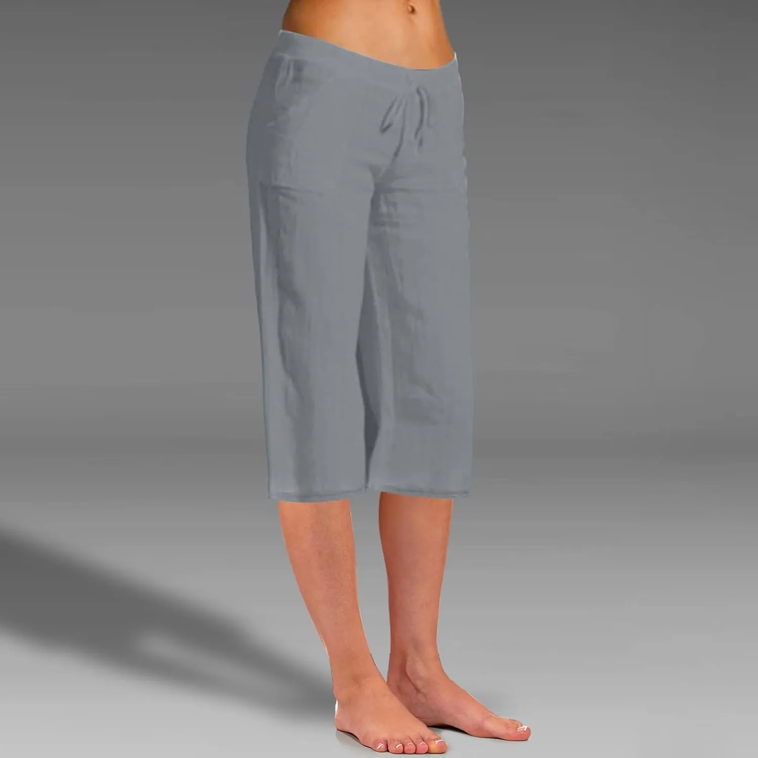 Women's Summer Cotton Linen Capri Pants Lightweight Casaul Loose Drawstring Wide Leg Beach Trousers with Pockets
