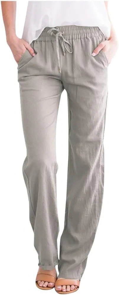 Womens Summer Cotton Linen Drawstring Trousers Solid Elastic Waist Wide Leg Pants Work Golf Pants Relax Fit Sweatpants