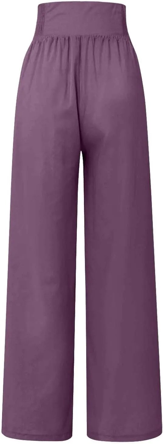 Women's Summer Pants, Drawstring High Waist Linen Palazzo Pants Wide Leg Lounge Pant Trousers with Pockets