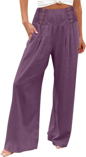 Women's Summer Pants, Drawstring High Waist Linen Palazzo Pants Wide Leg Lounge Pant Trousers with Pockets