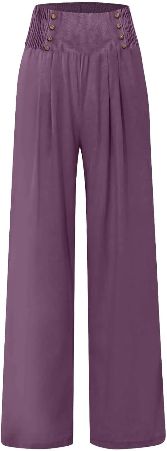 Women's Summer Pants, Drawstring High Waist Linen Palazzo Pants Wide Leg Lounge Pant Trousers with Pockets