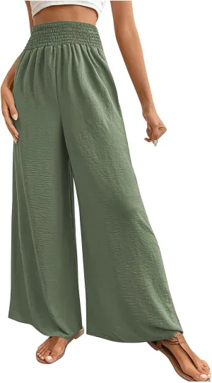 Women's Summer Ruched Wide Leg Pants High Waist Lightweight Long Pants Casual Solid Color Loose Flowy Beach Trousers