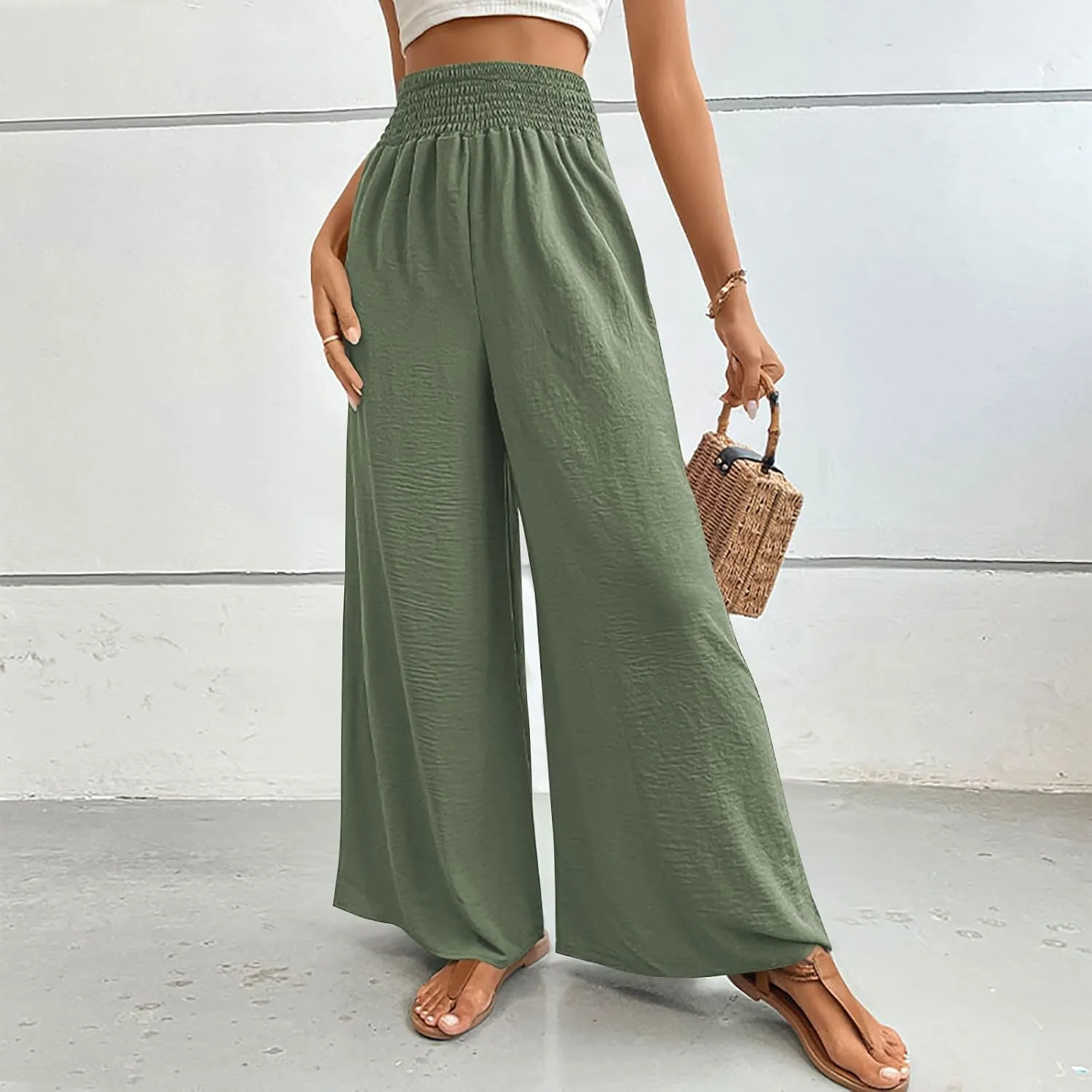 Women's Summer Ruched Wide Leg Pants High Waist Lightweight Long Pants Casual Solid Color Loose Flowy Beach Trousers