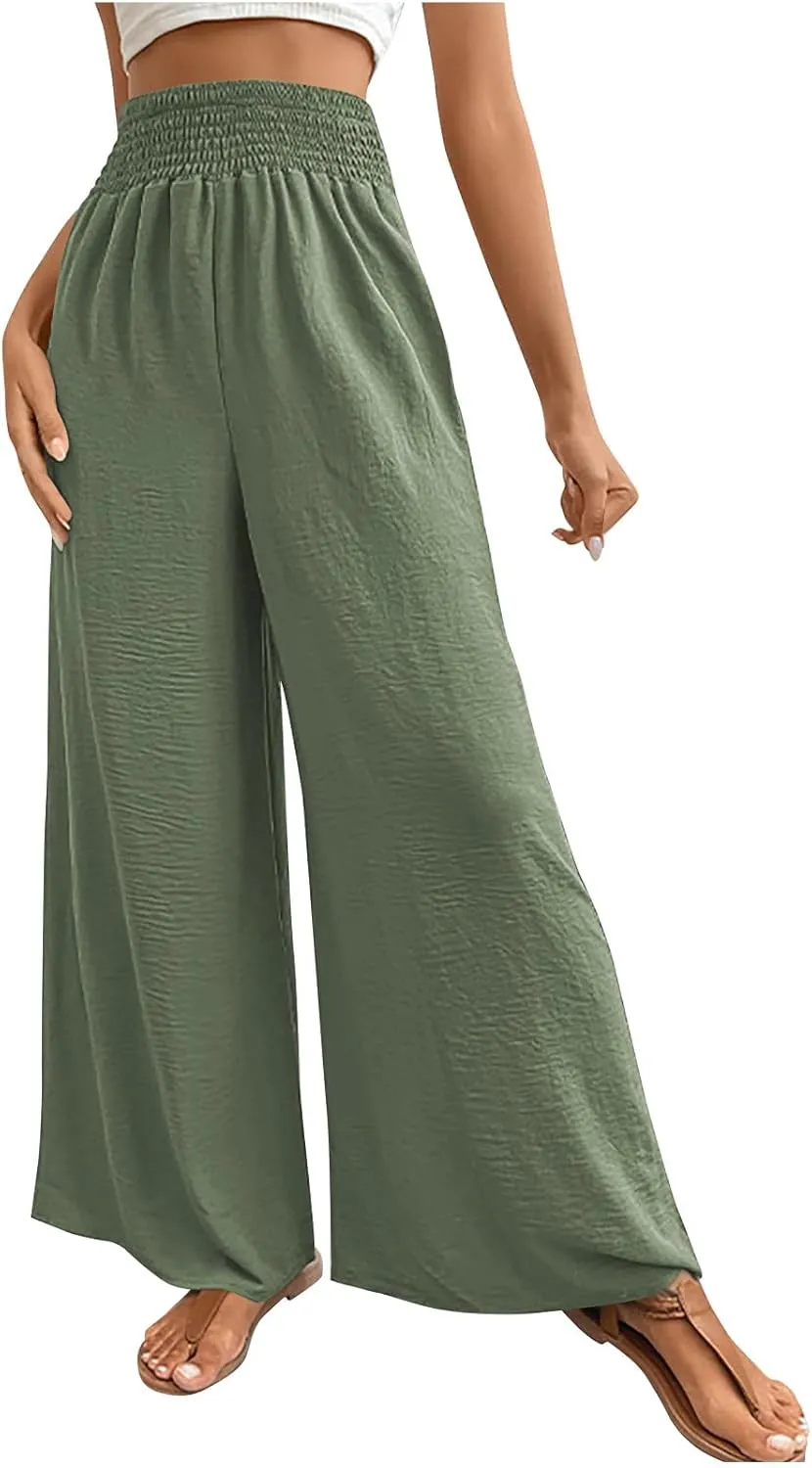 Women's Summer Ruched Wide Leg Pants High Waist Lightweight Long Pants Casual Solid Color Loose Flowy Beach Trousers