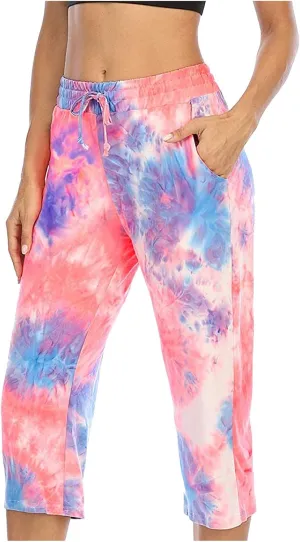 Womens Tie Dye Capri Pants Stretch Fitness Running Gym Yoga Leggings Elastic High Waist Drawstring Trousers