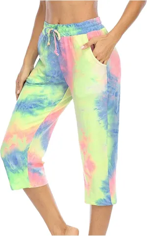 Womens Tie Dye Capri Pants Stretch Fitness Running Gym Yoga Leggings Elastic High Waist Drawstring Trousers