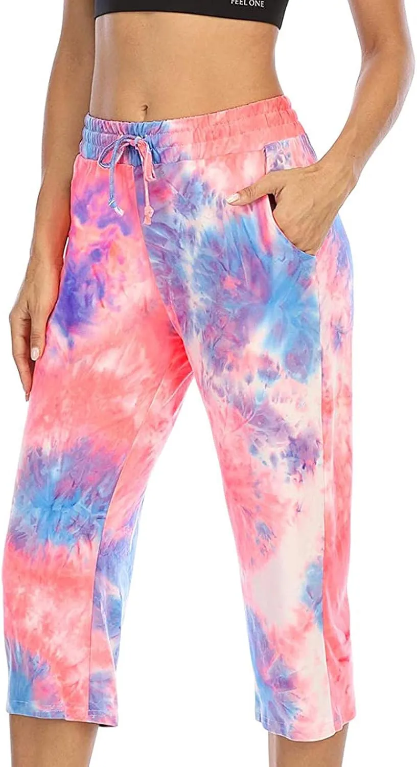 Womens Tie Dye Capri Pants Stretch Fitness Running Gym Yoga Leggings Elastic High Waist Drawstring Trousers