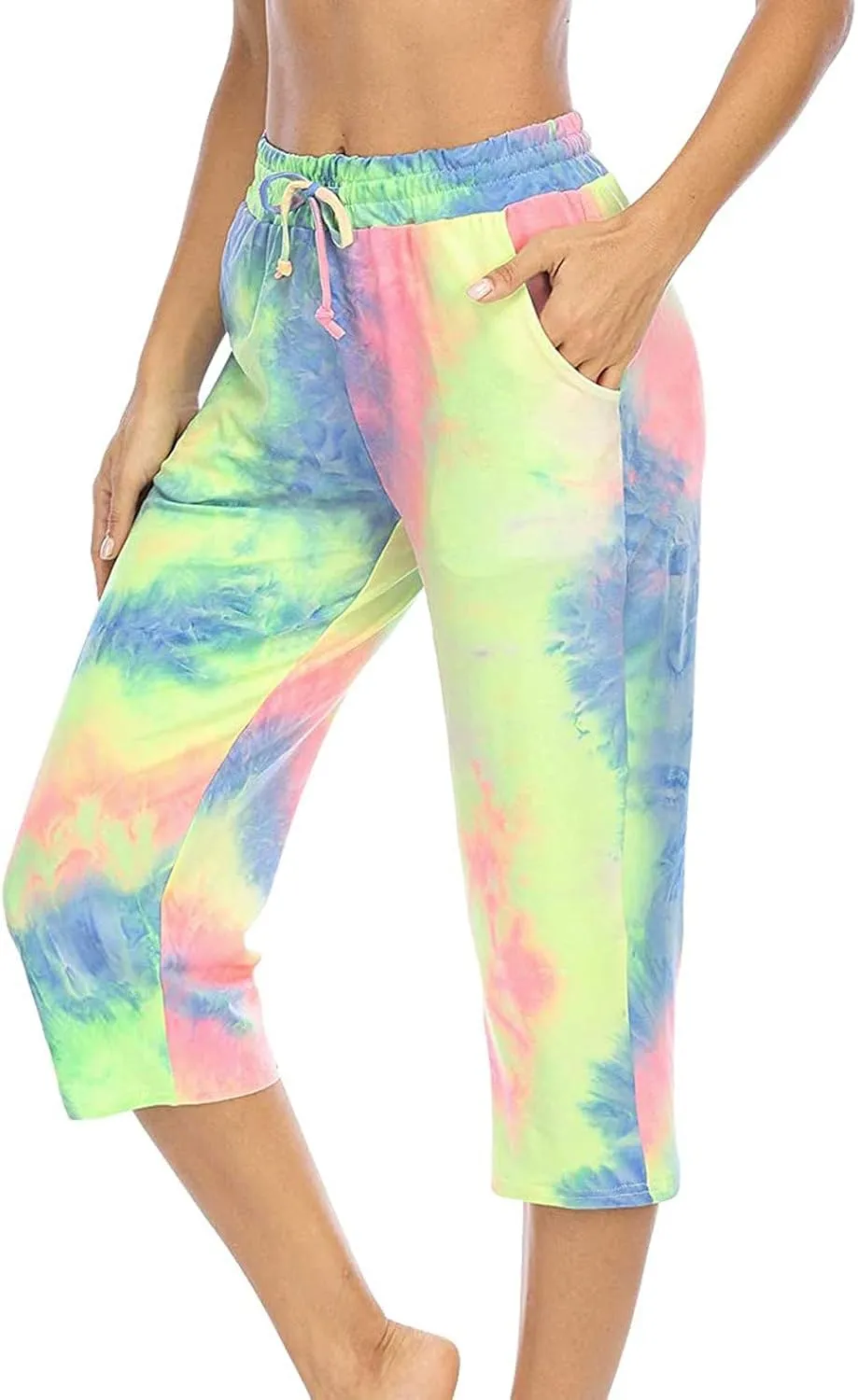 Womens Tie Dye Capri Pants Stretch Fitness Running Gym Yoga Leggings Elastic High Waist Drawstring Trousers