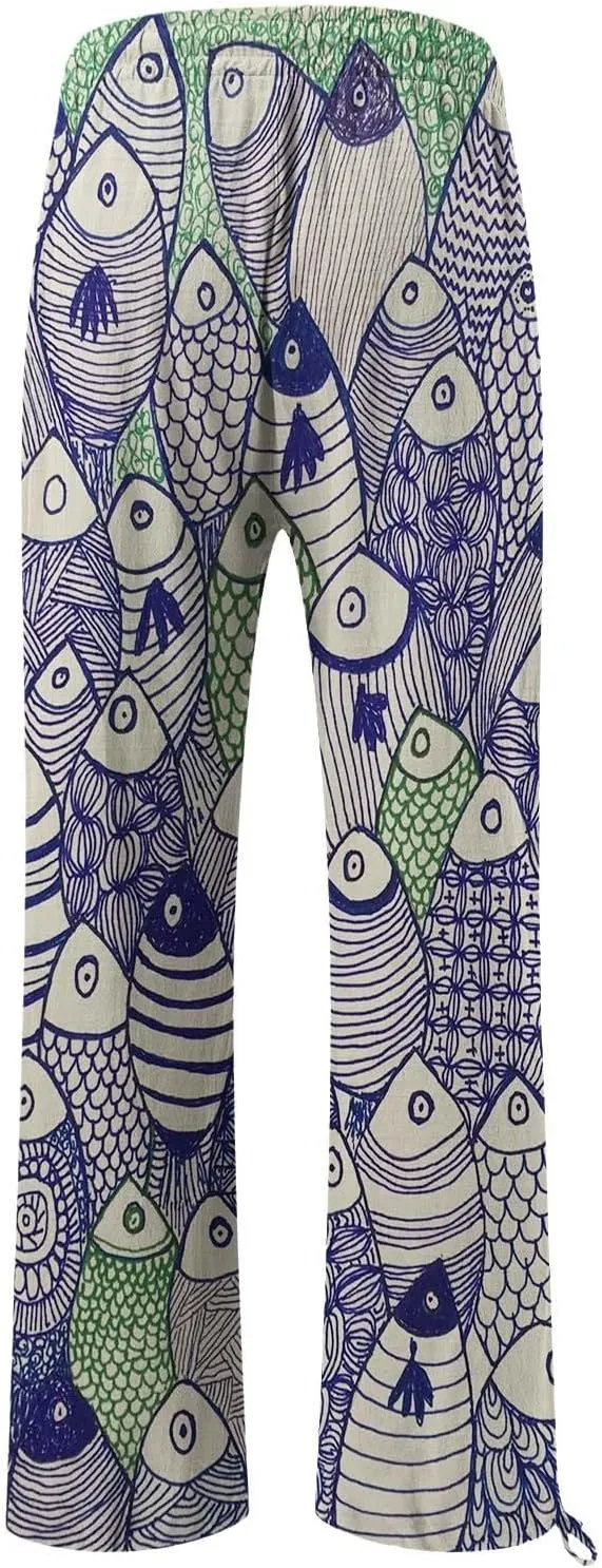 Women's Vintage Art Print Cotton and Linen Casual Pants Casual Wide Leg Trousers Womens Plus Womens