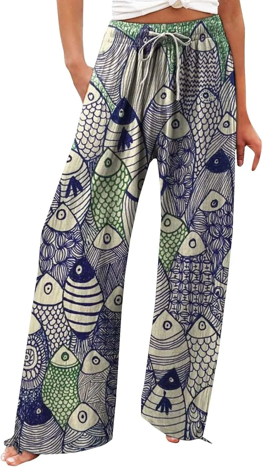 Women's Vintage Art Print Cotton and Linen Casual Pants Casual Wide Leg Trousers Womens Plus Womens