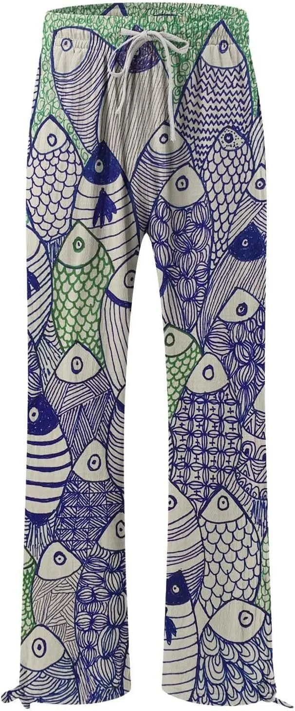 Women's Vintage Art Print Cotton and Linen Casual Pants Casual Wide Leg Trousers Womens Plus Womens