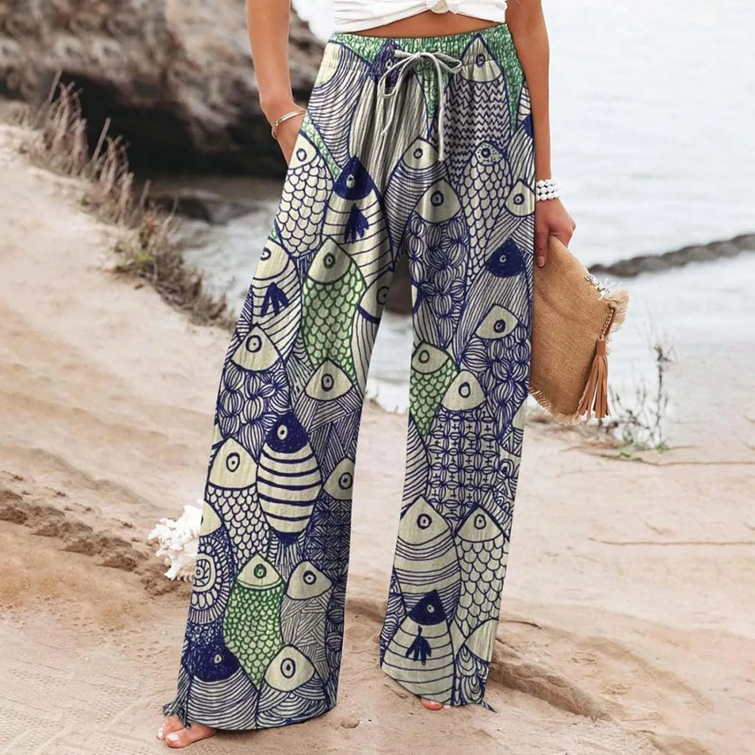 Women's Vintage Art Print Cotton and Linen Casual Pants Casual Wide Leg Trousers Womens Plus Womens