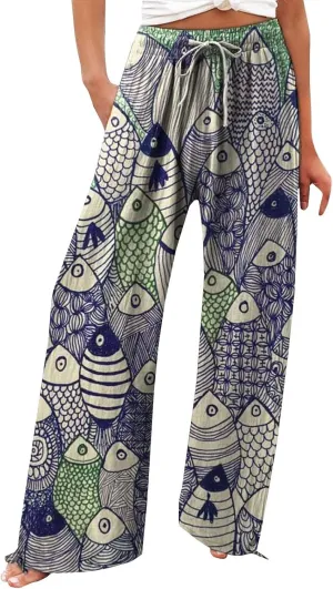 Women's Vintage Art Print Cotton and Linen Casual Pants Casual Wide Leg Trousers Womens Plus Womens