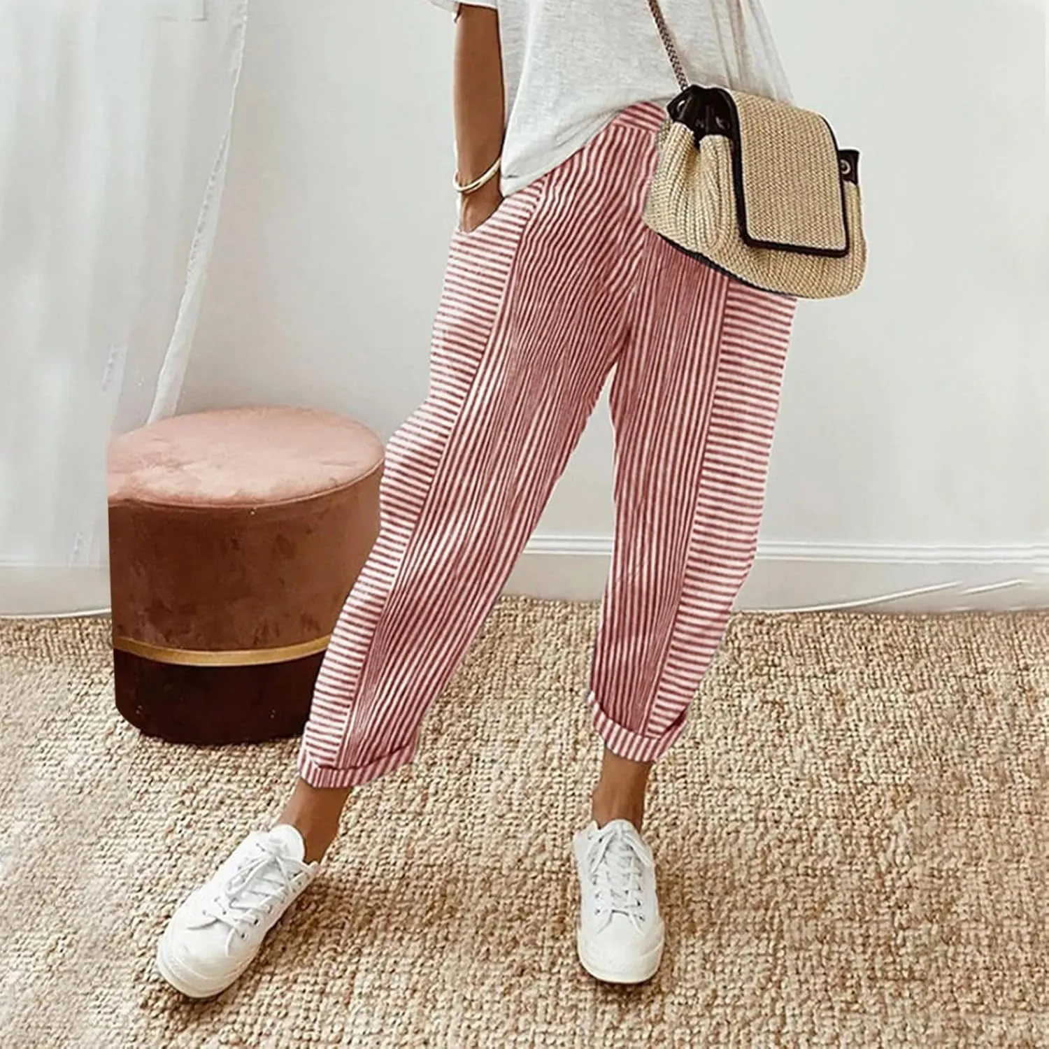 Women's Wide Leg Harem Pants Baggy Lounge Linen Elastic Waist Joggers Patchwork Straight Trousers with Pockets