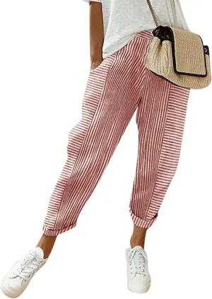 Women's Wide Leg Harem Pants Baggy Lounge Linen Elastic Waist Joggers Patchwork Straight Trousers with Pockets
