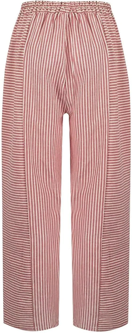 Women's Wide Leg Harem Pants Baggy Lounge Linen Elastic Waist Joggers Patchwork Straight Trousers with Pockets